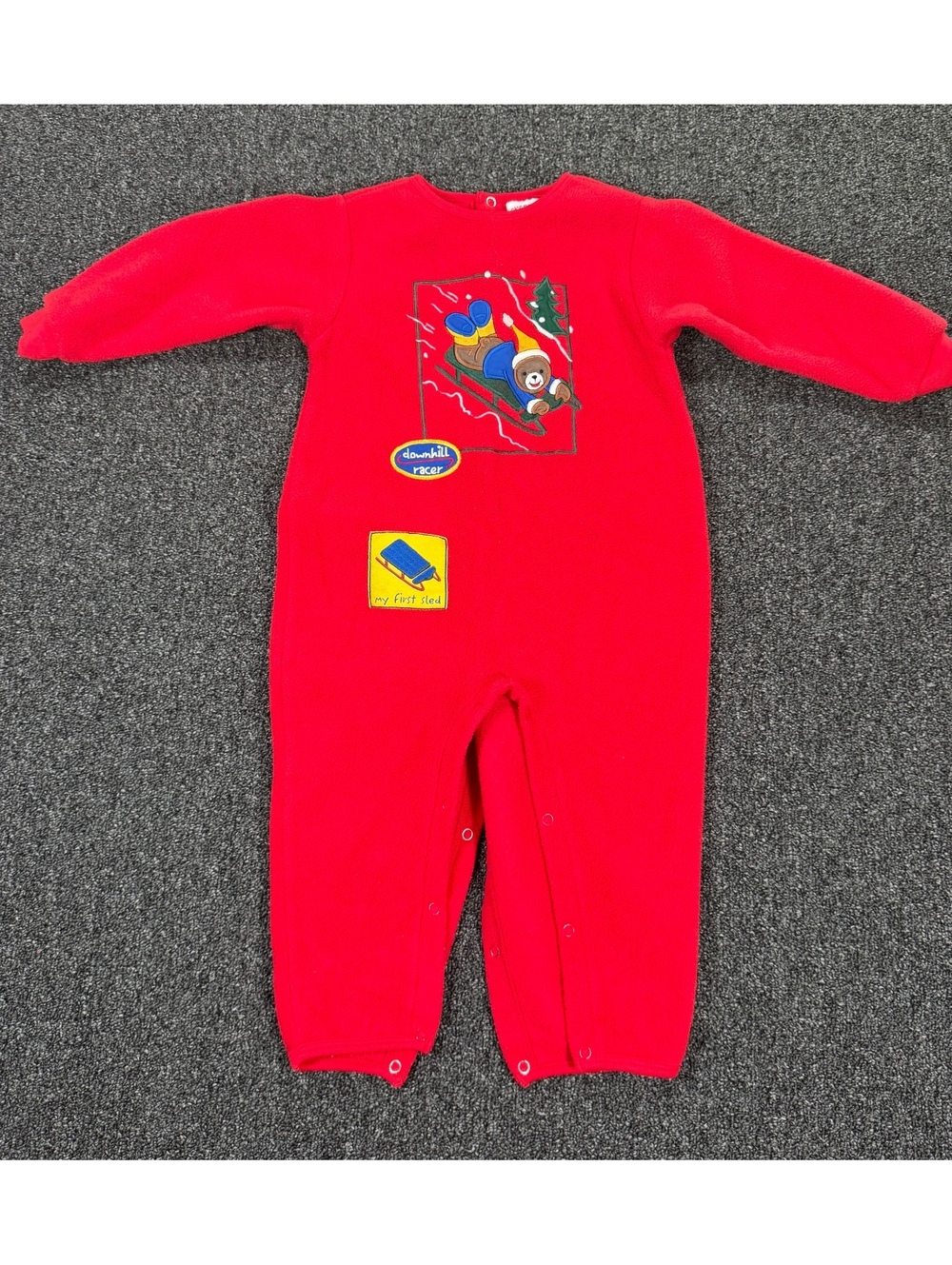 Vintage Christmas Red Baby Fleece One-Piece Sleeper with Bear Sledding Design